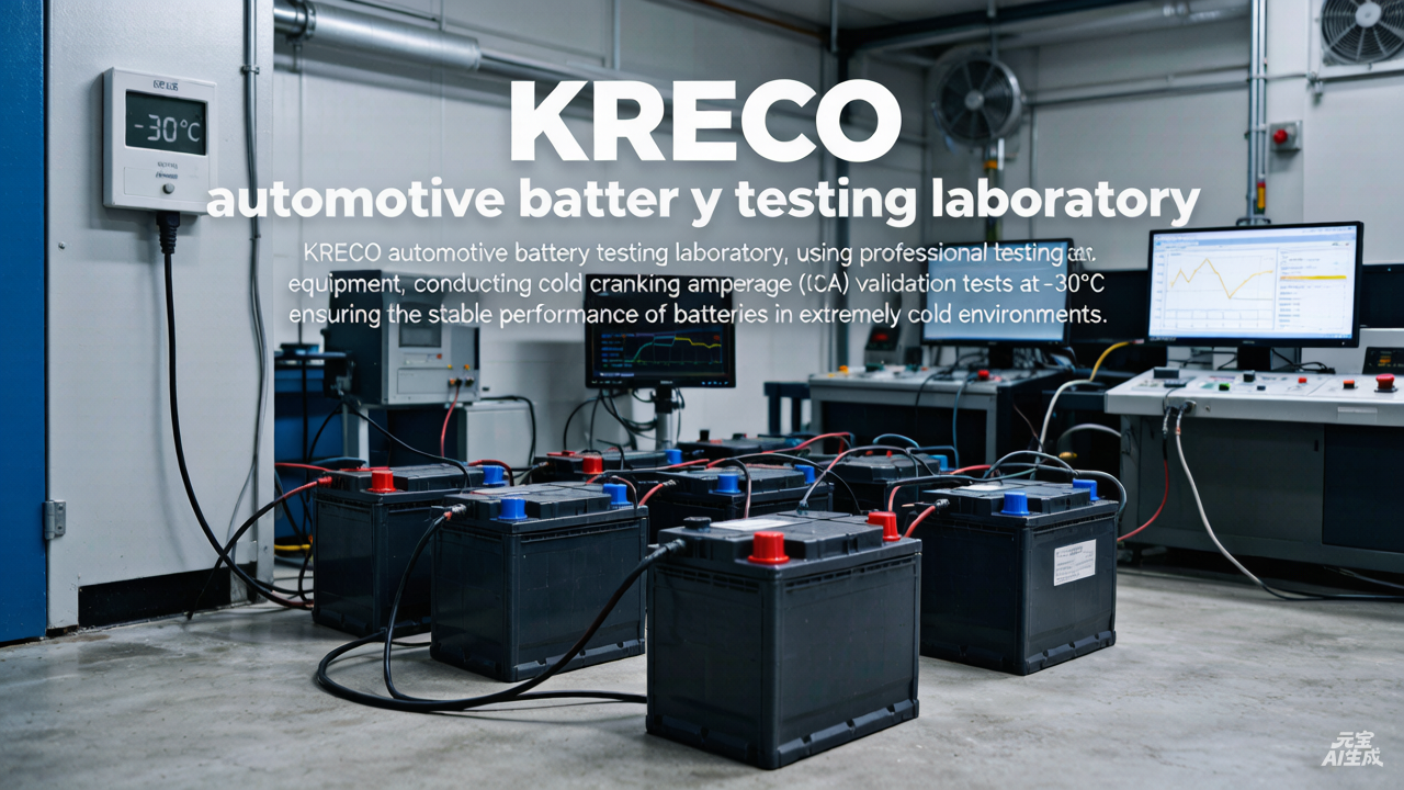 KRECO automotive battery testing laboratory performing cold cranking amperage (CCA) validation on 12V SLI batteries at -30°C, with data logging systems monitoring voltage stability.