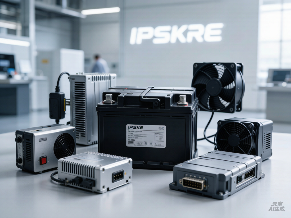 IPSKRE automotive power ecosystem showcase featuring SLI batteries, onboard chargers, DC-DC converters, cooling fans and 48V hybrid battery modules for complete vehicle power solutions.