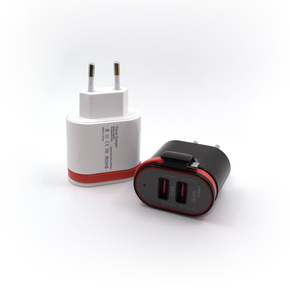 KRE-0503400,5V 3.4A 17W EU 2USB port charger with flat cable
