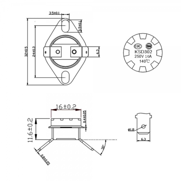 KSD302-16A-140NC,KSD302  Bimetallic Thermostat
